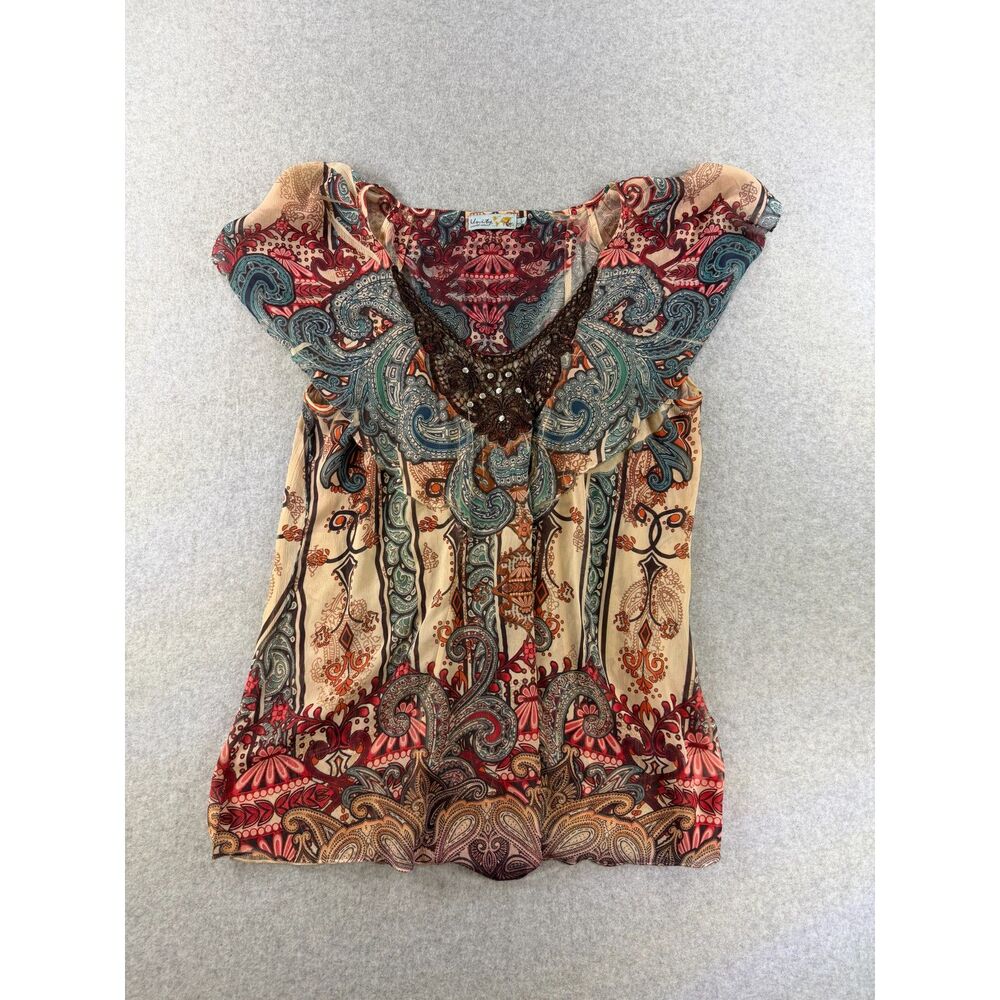 Unity World Wear Paisley Embellished Flutter Sleeve Blouse Large